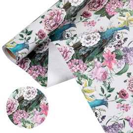 WRAPAHOLIC Kraft Peacock Wrapping Paper - Mini Roll - 17 Inch x 16.5 Feet - Floral Peacock Design for Birthday, Wedding, Drawer Liners, Home Closet Shelves, Gift Wrap