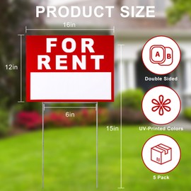 Yaomiao 5 Pcs For Rent Sign with Stand 16 x 12 Inch Yard Sign with Tall Stands Double Sided Waterproof Corrugated Plastic For Rent Sign with Stakes for Rental House Car Apartment Shops Business (Red)