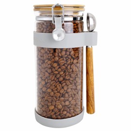 KKC HOME ACCENTS Airtight Glass Coffee Beans Storage Container with Scoop for Ground Coffee or Beans,Air Tight Sealed Glass Jar Canister with Clamp Lid for Loose Tea,Brown Sugar,Nut,50 Fluid Ounce