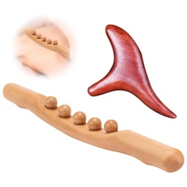 Gua Sha Wooden Therapy Stick, Wooden Fascia Stick, Shiva Wellbeing Massage Stick, with 5 Wooden Massage Beads, Fascia Stick, for Muscle Relaxation, Lymphatic Drainage, Abdomen, Legs, Arms (with 1 x