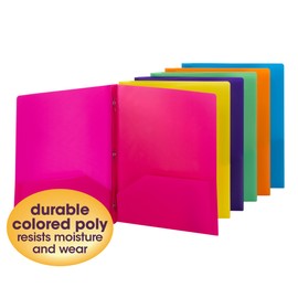 Smead Poly Two-Pocket Folder with Tang Style Fasteners, Letter Size, Assorted Bright Colors, 6 per Pack (87747)