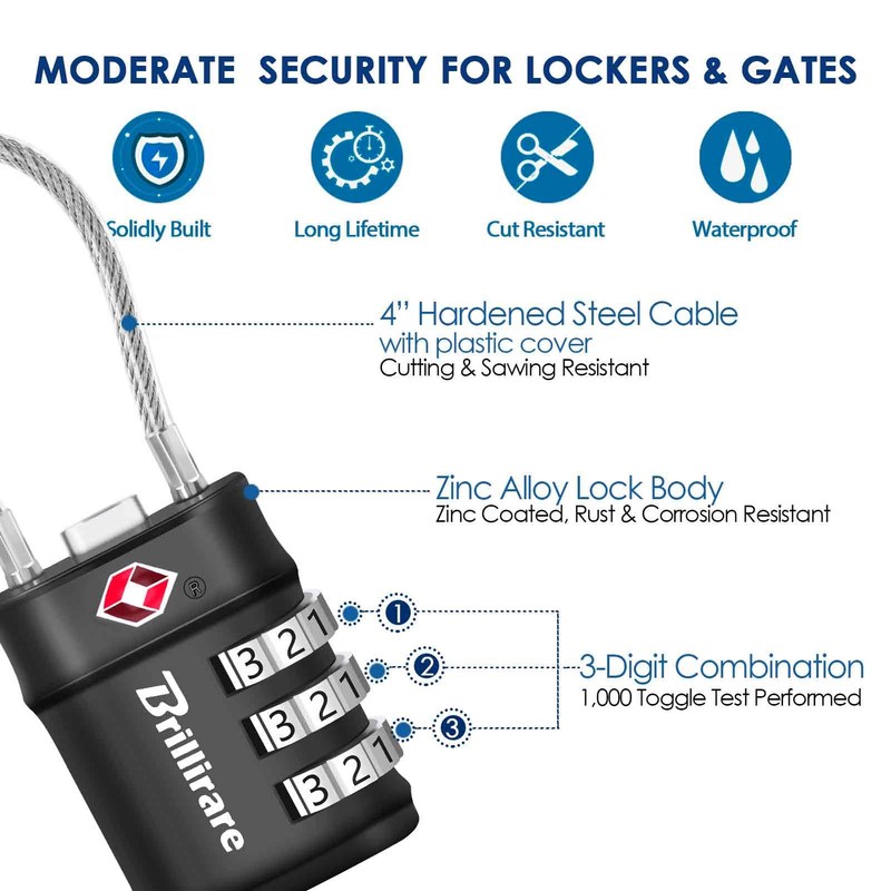 4 Pack TSA Approved Luggage Locks, Combination Travel Cable Lock,