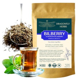Dragonfly Herbs Organic Bilberry Leaf Tea, 125g Tea Cut Loose Leaves, European Blueberry, Vaccinium Myrtillus, Myrtille Feuille Tisane, Premium Herbal Tea, Caffeine-Free