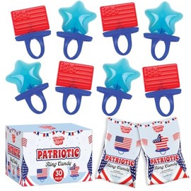 30 Pack Patriotic Ring Candy - Individually Wrapped 4th of July Flag & Star Suckers - Strawberry, Tutti Frutti Delicious Flavors -Bulk July 4 Candy Great Use For, Kids Party Favor, Classroom Parties, BBQ