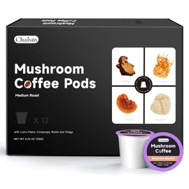 Chaism Mushroom Coffee Pods - Arabic Coffee with Lions Mane, Cordyceps, Reishi, Chaga for Focus & Energy Boost, Sugar-Free, Fat-Free,12 K Cups (12 Counts, Medium Roast)