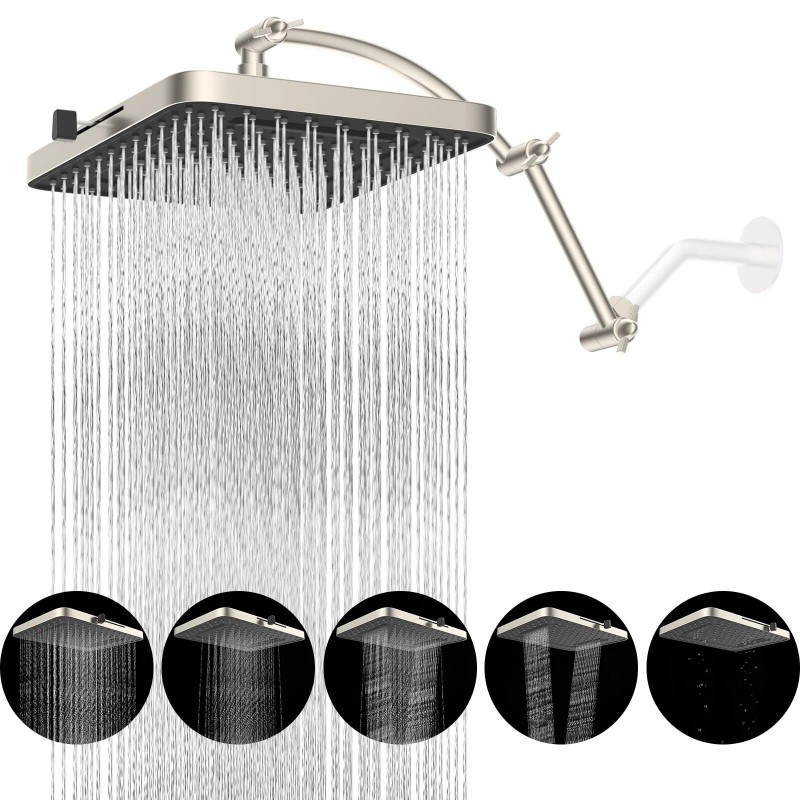 Hibbent High Pressure Adjustable 13” Square Shower Head,Rainfall 5 Spray