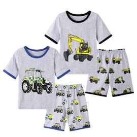 Smazero Little Boys Tractor Pyjamas Sets Cotton Short Sleeve Summer Pjs for Kids Digger Pajamas 2-7 Years Sleepwear - 4-Piece