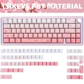 GEKUCAP PBT Cute Pink Keycaps 131keys Dye Sublimation Cherry Profile Side Printed Keycaps Gradient Cherry Blossom Custom Keycaps Set for Cherry MX Switches Mechanical Gaming Keyboard