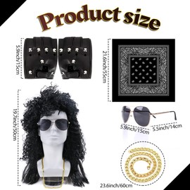 MOVINPE 80s Long Curly Wig for Men 80s Rocker Accessories Rockstar Wigs 1980s Mullet Wigs Headbands Sunglasses Leather Gloves Necklace (Long/Curly/Black)