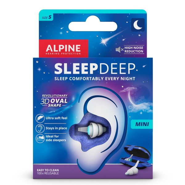 Alpine SleepDeep Mini – Ear Plugs for Sleep and Concentration - New 3D Oval Shape and Super Soft Reusable Noise Cancelling Ear Plugs - 27dB Noise Reduction - Ideal for Side Sleeper (Small)