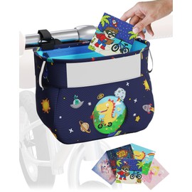 JOZidea Kids Bike Basket – Safety Reflective Strap Design on Bike Basket Front – Clear Front Window with 5 Swappable Cards – Creative Scooter & Bicycle Accessories for Boys Girls Toddlers (Space Ride)