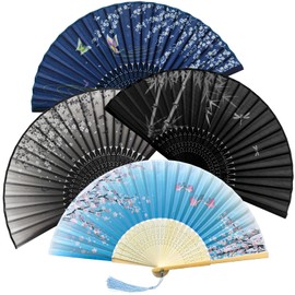 Bellanova Set of 4 Hand Fans, Chinese Style Hand Fans Made of Fabric and Bamboo, Folding Fans with Tassel (Pack of 4)