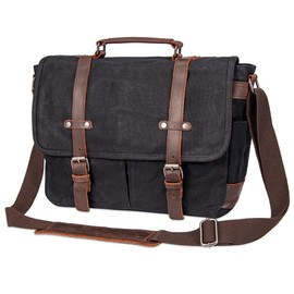 Vintage Genuine Leather Waxed Canvas Briefcase Large Satchel Shoulder Bag Rugged Computer 15.6" Laptop Bag (Black-3)