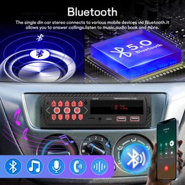 1 DIN Car Radio - Bluetooth Car Radio with Dual Bluetooth Hands-Free Kit, FM Radio, USB/Type-C/TF/AUX Port, Shutdown Memory, Protective Connection, Audio Recording + SWC