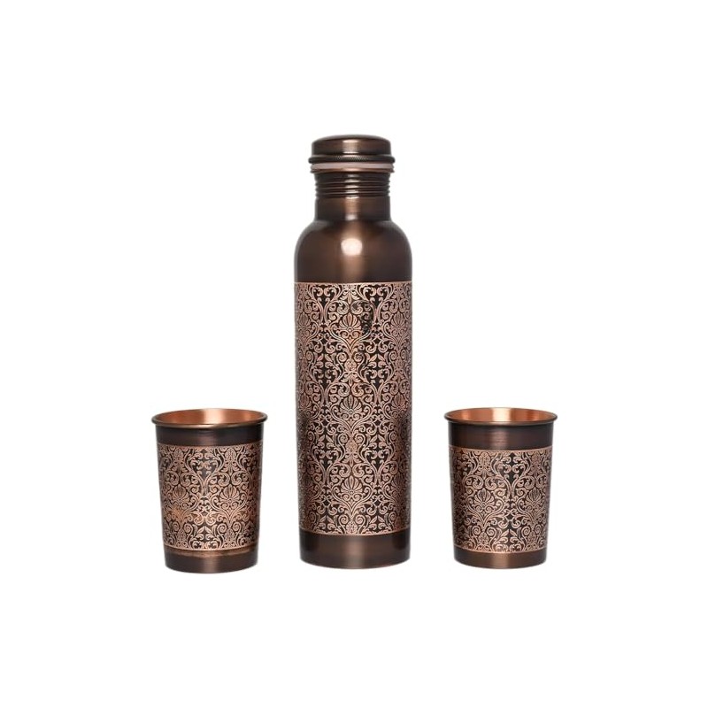 Copper Water Bottle with 2 Tumblers Set, Floral Pattern for