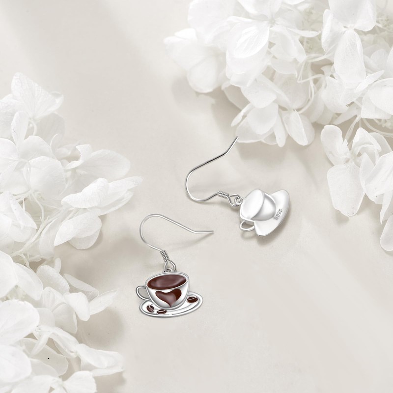 YFN Coffee Earrings Sterling Silver Coffee Dangle Earrings Tiny Coffee