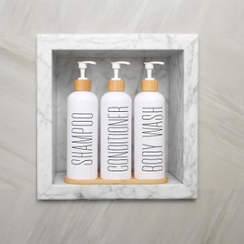 Raddile Pack of 3 Soap Dispensers, Black, 500 ml Shampoo Bottles for Filling, Soap Dispenser Bathroom, Soap Dispenser Shower with Pump and Tray Made of Bamboo for Liquid Soap Shampoo Lotion (White)