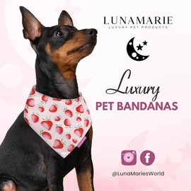 LunaMarie - Bandanas de lujo para perro, diseños adorables, tela de poliéster de alta calidad y sedosa, 100% hecha a mano, forma personalizada, reversible, pequeña, mediana y grande, bufanda para gatos (fresa, mediana)