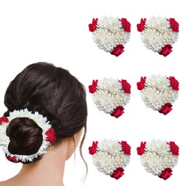 Mogra Gajra Scented 6pcs Artificial Flower Hair Accessories Scrunchies with Red Petals Bracelet Bun Juda & Ponytail Wedding Jewellery Reusable Gajras Gift for Women (White,Red)