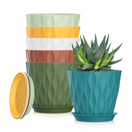 5 Inch Planter Pots, 6 Pack Indoor Planters, Small Flower Pots with Drainage Holes and Tray for Succulents, Orchids, Herbs and Other Indoor Plants (Multicolor, 5inch)