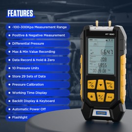 AUTOOL Manometer Gas Pressure Tester, -100 to 300Kpa Digital Manometer HVAC, 11 Units Dual Differential Fieldpiece Manometer, Data Lock & Storage with Magnetic Back, 7 Fittings & Backlit Display