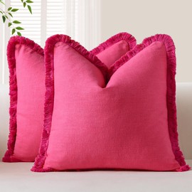 OTOSTAR Set of 2 Linen Fringe Decorative Throw Pillow Covers 24x24 Inch Soft Accent Cushion Covers with Tassels Boho Farmhouse Home Decor Pillowcases for Sofa Couch Patio Bed Living Room, Hot Pink