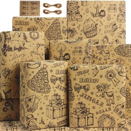Vintage Christmas Wrapping Paper Set,Natural Kraft Thick Retro Wrapping Paper Christmas Gift Wrap Christmas Paper Xmas Wrapping Paper Xmas Gift Wrap Paper Gift Wrapper Paper with Brown Black Christmas Elements Print Paper,Papel de Regalo Navidad Rustic O