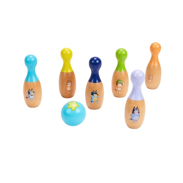 BLUEY – Wooden Bowling “Skittles” Set, Indoor & Outdoor Bowling Play, 6 Pins and 1 Bowling Ball – FSC Certified for Children 3 Years and Up