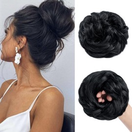 TESS Hairpiece with Elastic Band, 55 g, Curly Hair Scrunchie with Hair, Black, Large Bun Hairpiece, Synthetic Hair Extension for Women and Girls