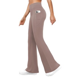 DLOODA Womens Yoga Pants with Pockets High Waisted Flare Leggings Bell Bottom Tummy Control Workout Bootcut Leggings Taupe