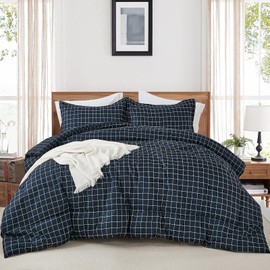 Navy Plaid Comforter Set Queen Size, 3 Pieces Blue Grid Checkerd Pattern Bedding Set, Reversible Down Alternative Geometric Lightweight Comforter with 2 Pillowcases for All Season (King, Navy Blue)