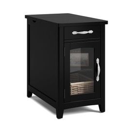 LINSY HOME End Table with Charging Station, Side Table for Bedroom with Drawer and Detachable Holder, Storage Shelf with Glass Door, Extra Storage & Display Space, Small Nightstand for Living Room