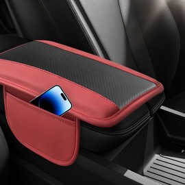 DUSCOKE Car Center Console Cover, Carbon Fiber Leather Car Armrest Cover Protector, Auto Middle Console Support Pad with Side Storage, Universal Storage Box Cushion for Most Vehicle Interior (Red)