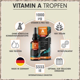 Vitamin A Drops Forte - 1000 μg per Drop - 1800 Drops with Vitamin A from Retinyl Palmitate - Optimal High Dose & Bioavailable - No Additives - Laboratory Tested with Certificate - 100% Vegan