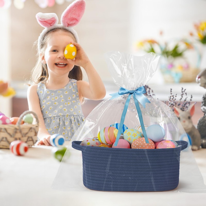 WILLITAT Cute Blue Woven Basket, Empty Gift Basket for Christmas,