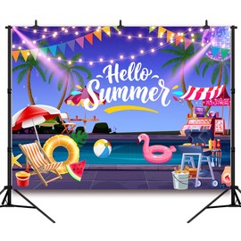 DePhoto 7x5FT Summer Pool Party Backdrop Hello Summer Swimming Pool BBQ Dance Disco Rave Background for Tropical Swimming Hawaiian Theme Party Decorations Vinyl
