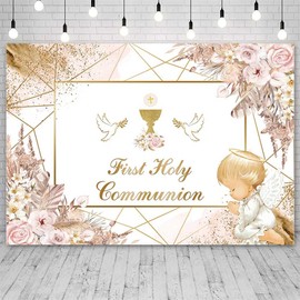 AIBIIN 7x5ft First Holy Communion Theme Backdrop Boho Pink Floral Baptism Christening Party Photograph Background Pigeon Little Angel God Bless Photo Decoration Banner