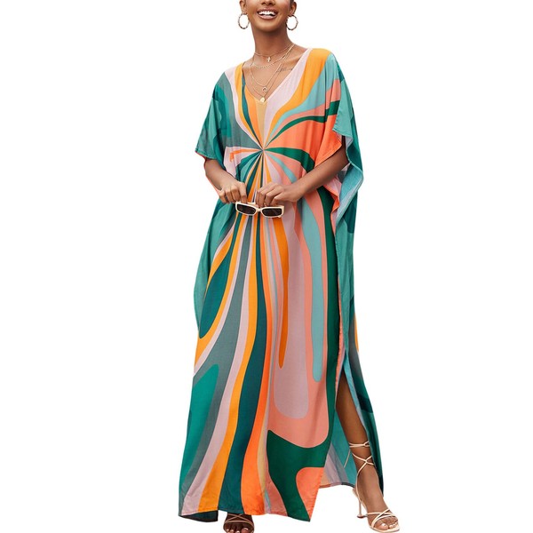 IMAGEKOPE Moroccan Print V-Neck Batwing Kaftan Women's Plus Size Loose