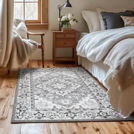 Lessymo 4 x 6 Area Rugs for Living Room- Machine Washable Area Rugs Boho Faux Wool Low Pile Area Rug for Bedroom Floral Medallion Vintage Rugs with Non-Slip Rubber, Grey Beige