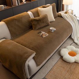 vctops Luxury Faux Fur Thick Warm Couch Sofa Cover Super Soft Minky Fuzzy Sectional Couch Covers Fluffy Non-Slip Sofa Slipcover Furniture Protector (Coffee,28"x70")