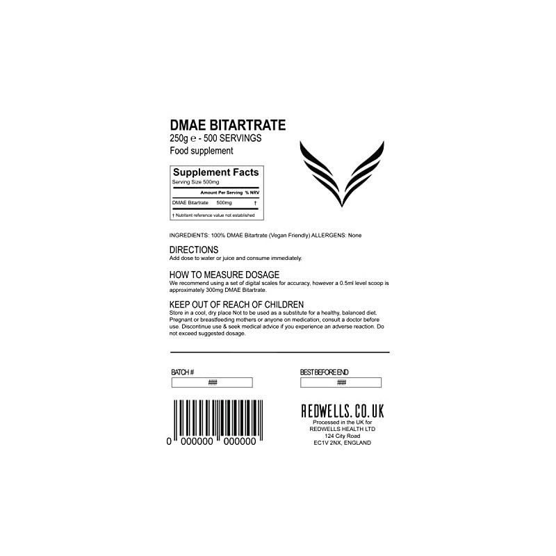 DMAE Bitartrate Powder REDWELLS Cognitive Enhancer GMO Free Vegan -