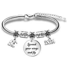WTOPP Graduation Gifts for Her 2024 Bracelet,Inspirational Bracelet with 2024 Graduation Grad Cap Mantra Quote Spread Your Wings And Fly，Graduation Bracelet College Gifts