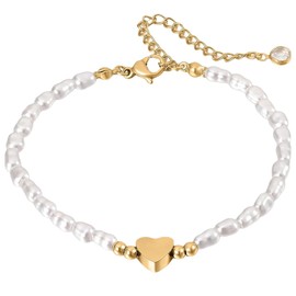 JAWUZ Women's Bracelet, Golden Pearl Bracelets with Heart Pendant, 14K Gold-Plated Cuban Link, Elegant Everyday Jewellery as a Creative Gift for Women, a