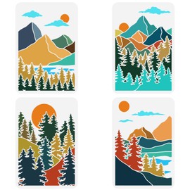 FINGERINSPIRE 4PCS Boho Forest Mountain Landscape Stencil 11.7x8.3inch Large Natural Scenery Stencil Sun Clouds Mountins Trees Lake Template Sunset Sunrise Painting Stencil for Wall Floor Decor