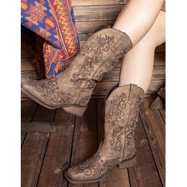 SheSole Women Cowboy Boots Sparkle Western Cowgirl Boots for Ladies Rhinestone Wide Square Toe Mid Calf Floral Shoes Brown US Size 7