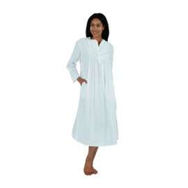 LA CERA Women's Long Sleeve Cotton Nightgown - Four-Button Placket, Scoop Neck, Lace Inset, Side Pockets, Machine Wash Cold Blue