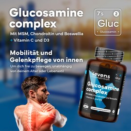 Glucosamin, Chondroitin und MSM – Nahrungsergänzung für Gelenke, Knorpel und Knochen – 180 Kapseln Hochdosiert – Mit Boswellia und den Vitaminen C und D3 – Sevens Nutrition