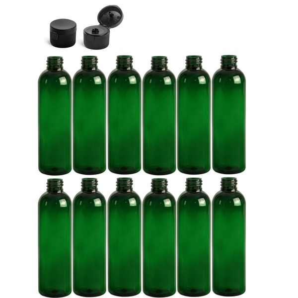 Premium Essential Oil 4 Ounce Cosmo Round Bottles, PET Plastic Empty Refillable BPA-Free, with Black Flip Up Snap Top Caps (Pack of 12) (12 count, Green)