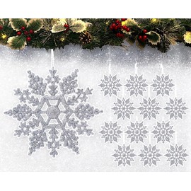 12pk Glitter Snowflake Hanging Decorations, Christmas Tree Snowflake Baubles/Ornaments (Silver)