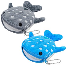 Krinisou Whale Shark Coin Purse, 2 Pcs Kids Plush Coin Pouch, Cute Kawaii Wallet with Zipper Keychain, Small Embroidered Fish Sea Animal Change Purse for Women